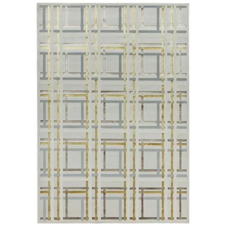 Grey and gold geometric area rug with modern square grid pattern
