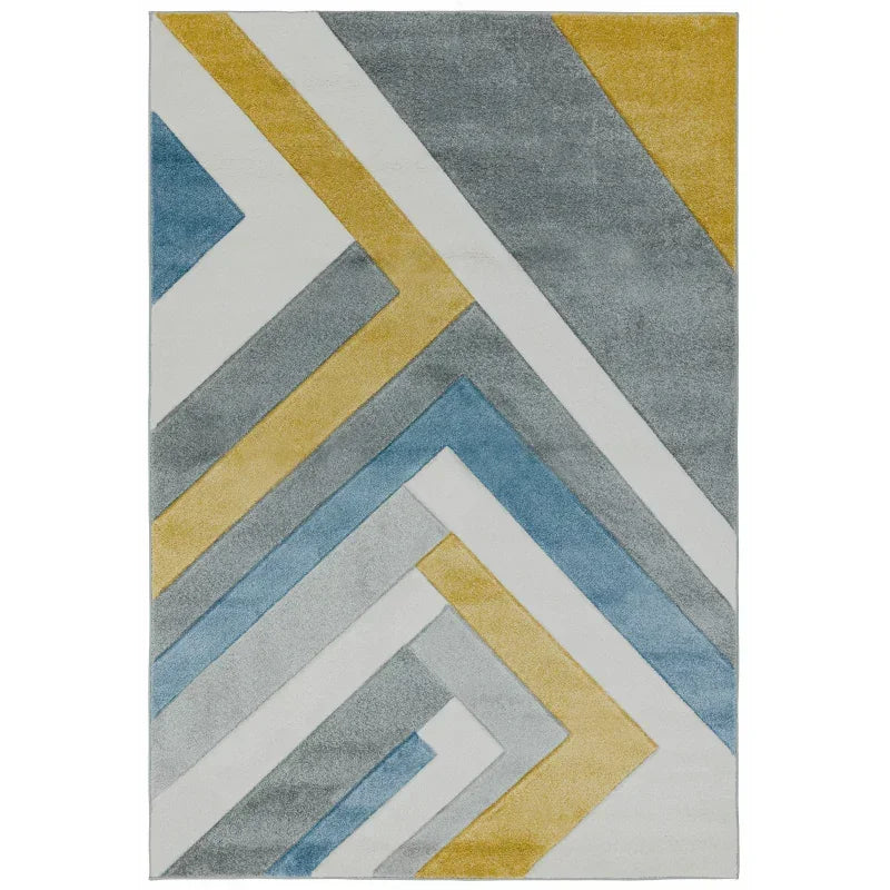 Modern geometric rug with grey, blue, white and yellow pattern, rectangular shape