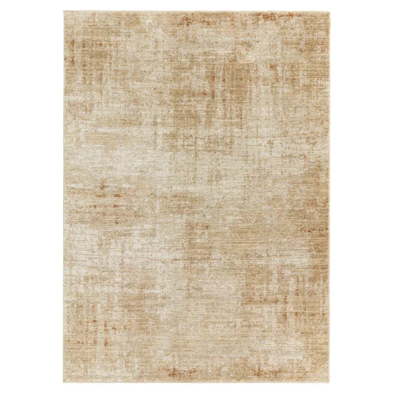 Beige area rug with subtle distressed pattern and soft textured finish