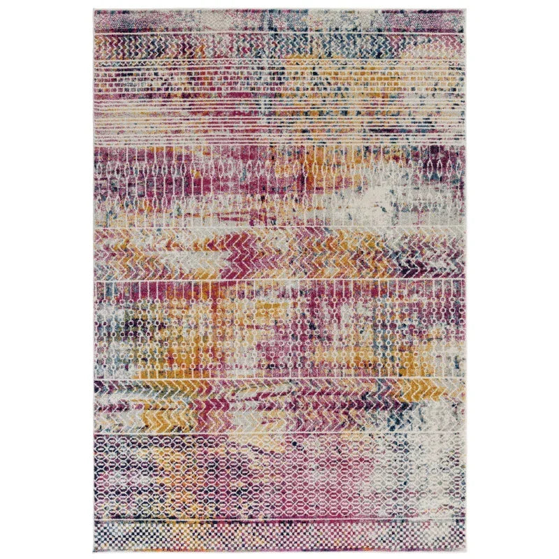 multicolour patterned area rug with abstract yellow, pink and blue design
