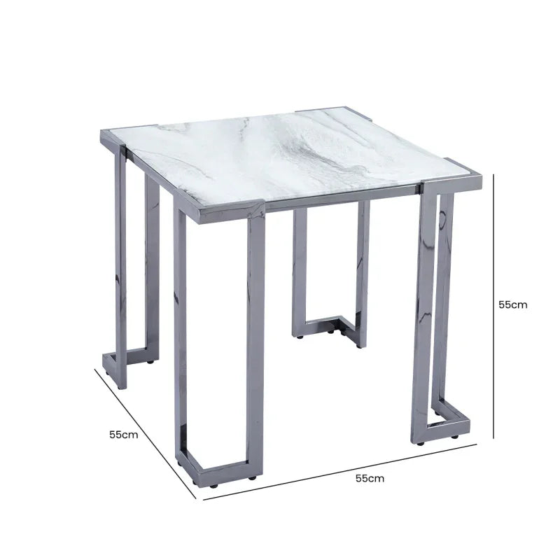 Aamari Grey Gunmetal End Table with White Faux Marble Glass Top - KD