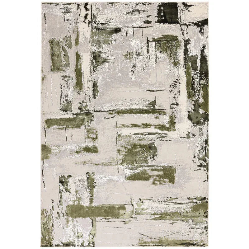 Green and beige modern abstract rug with textured pattern and rectangular shapes