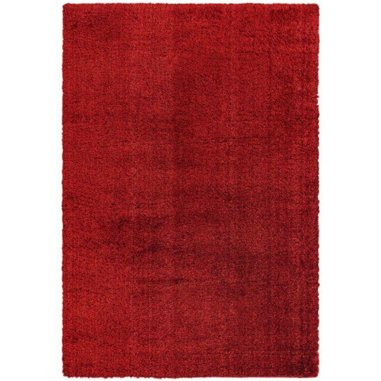 Red shaggy area rug with plush texture and rectangular shape