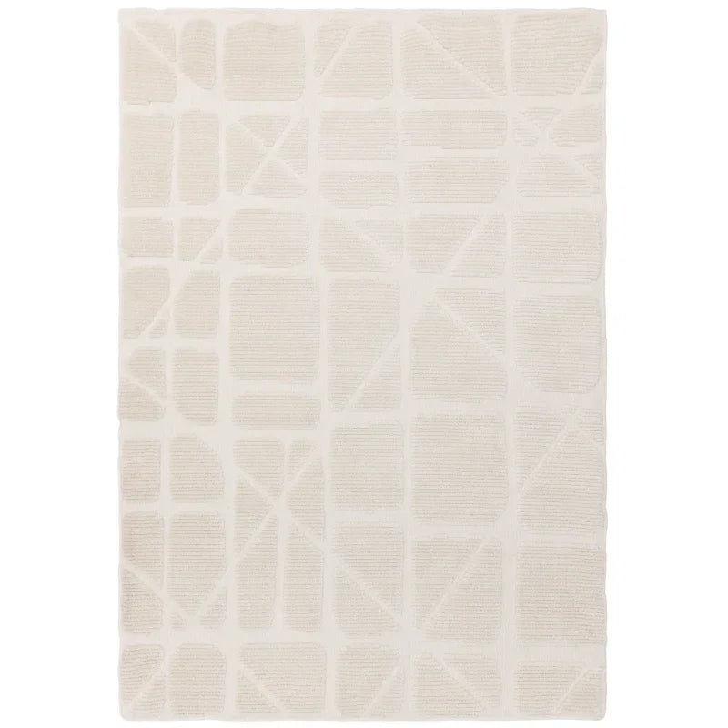 Ivory geometric rug with textured square and line pattern, top view