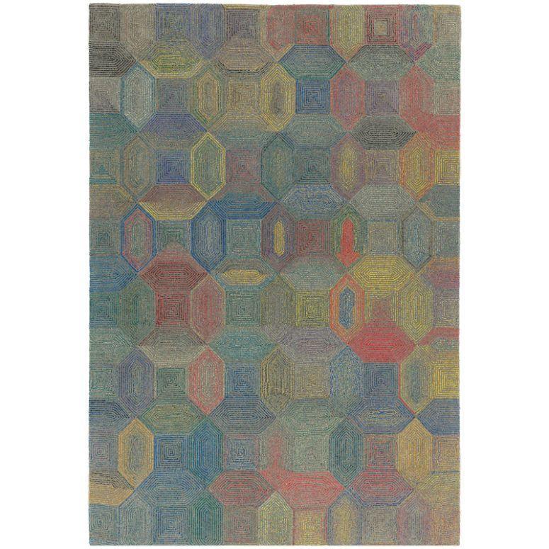 Geometric multicolour area rug with hexagons and octagons in blue, red, yellow, and green