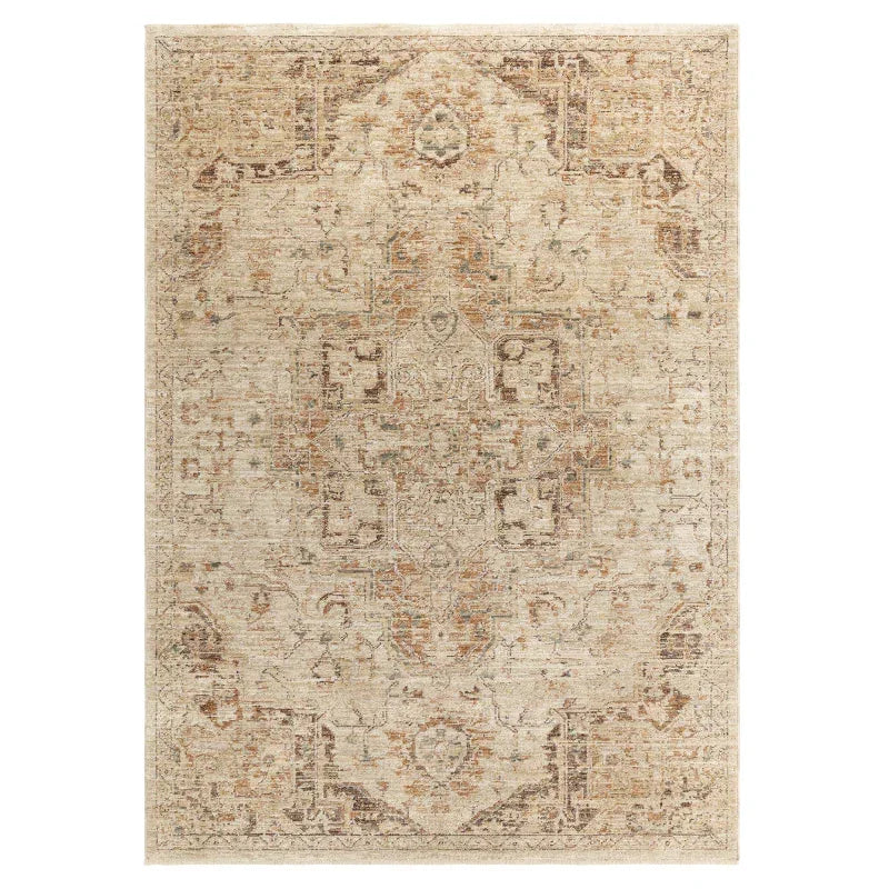 Beige patterned area rug with vintage-inspired design and muted earthy tones