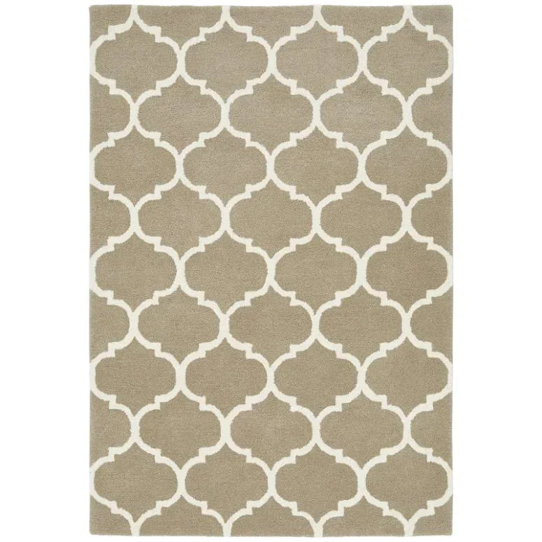 Beige patterned rug with white trellis design and soft texture