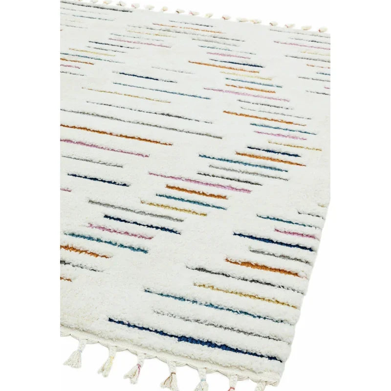 White area rug with multicolored linear pattern and fringe on the edge