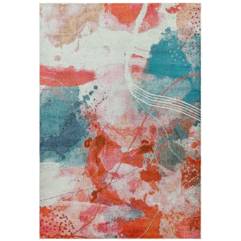 Abstract multicolour area rug with red, blue, and white brushstroke patterns