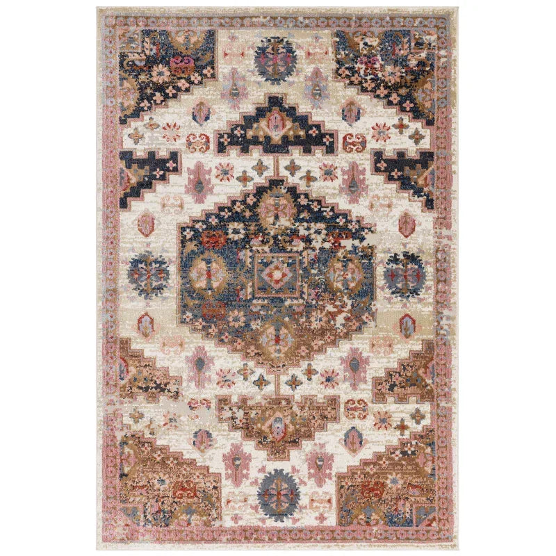 Traditional area rug with multicoloured geometric and floral patterns on cream background