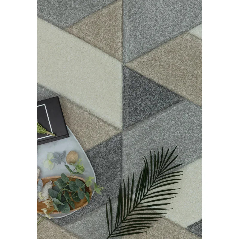 Geometric patterned area rug in grey, cream and beige with decorative tray and green foliage