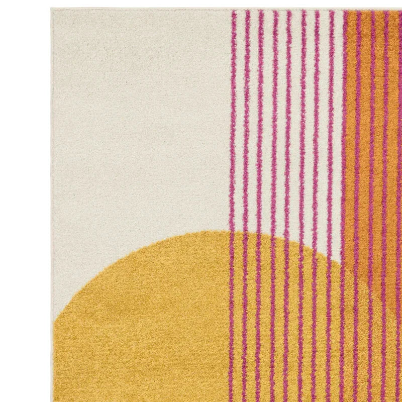 Modern rug with yellow semicircle and vertical pink lines on cream background
