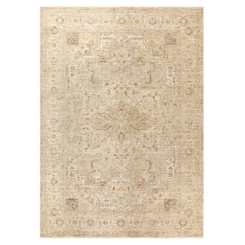 Traditional beige patterned area rug with detailed border and central medallion design