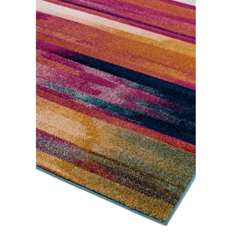 Modern area rug with bold multicolour stripes including purple, orange and blue tones
