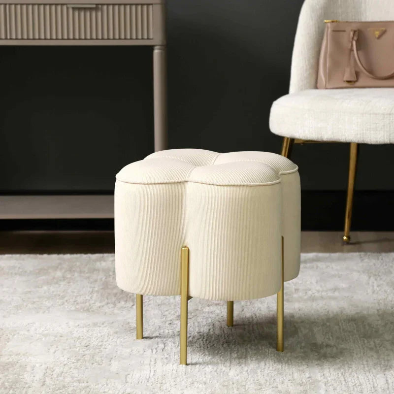 45cm Cream Velvet Clover Ottoman with Gold Legs