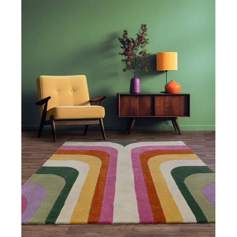 Retro multicolour rug in modern living room with yellow armchair and wooden sideboard