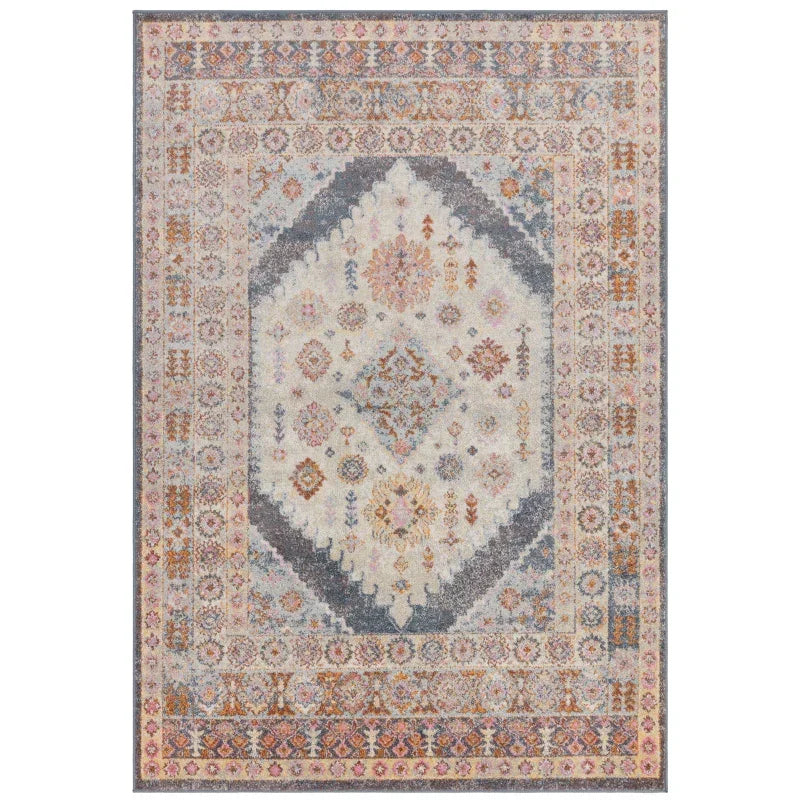 Traditional area rug with multicolored geometric and floral pattern, rectangular shape