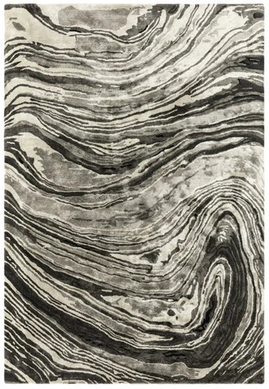 Modern abstract area rug with swirling grey and black pattern, rectangular view