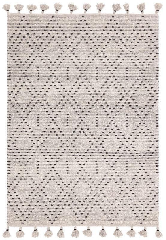 Beige patterned area rug with diamond design and tassel edging