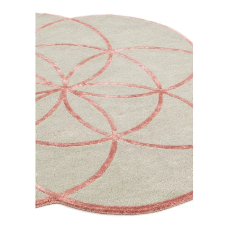 Beige area rug with pink geometric circle pattern, close-up of textured design