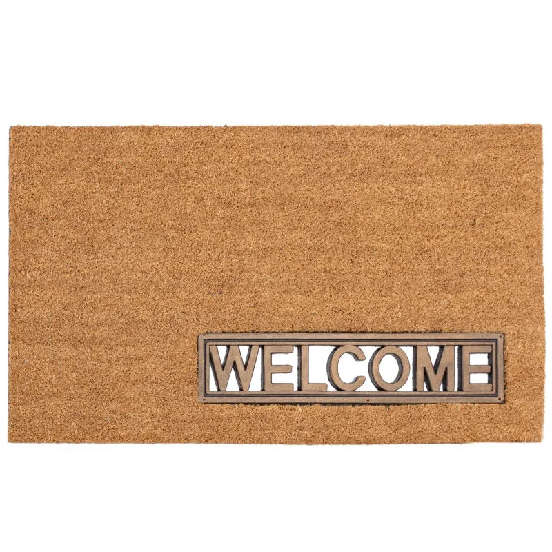 Coco coir doormat with metal welcome sign detail in bottom corner