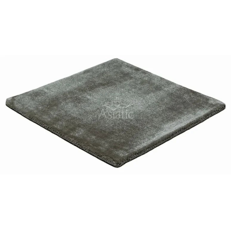 Square grey rug with soft texture and finished edges, shown from angled view