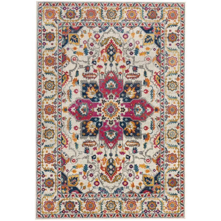 Multicolour Persian style area rug with floral medallion pattern and decorative border