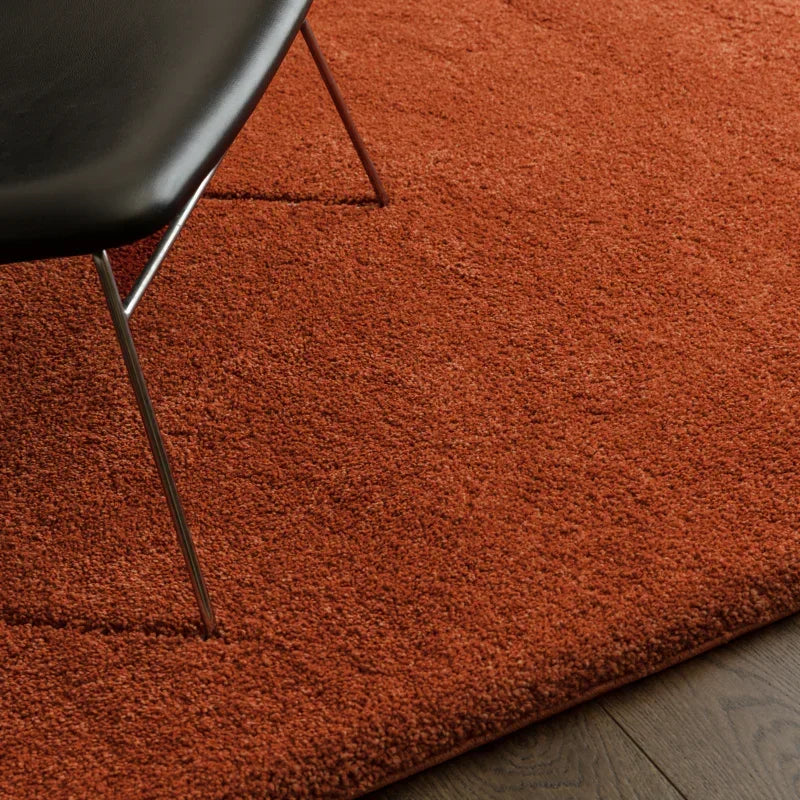 Burnt orange shaggy rug on wood floor with black modern chair corner detail