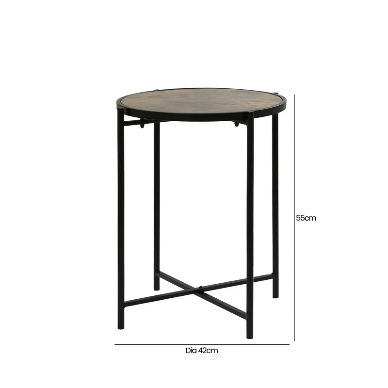 55cm Black Metal End Table with Brown Wooden Top