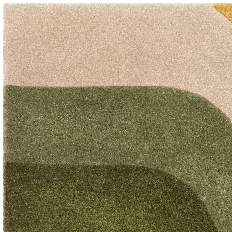 Modern area rug with abstract green, beige and yellow curved pattern