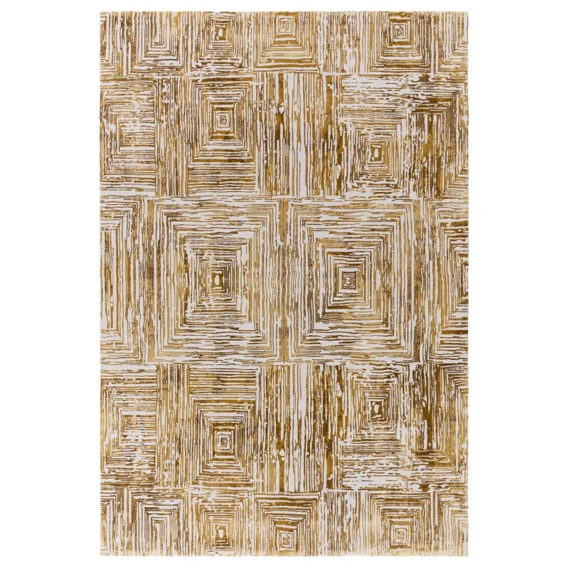 gold geometric patterned area rug with textured square design