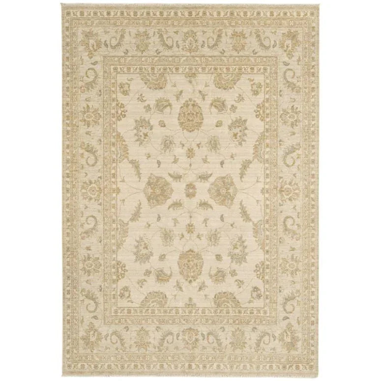 Beige area rug with traditional floral pattern and decorative border
