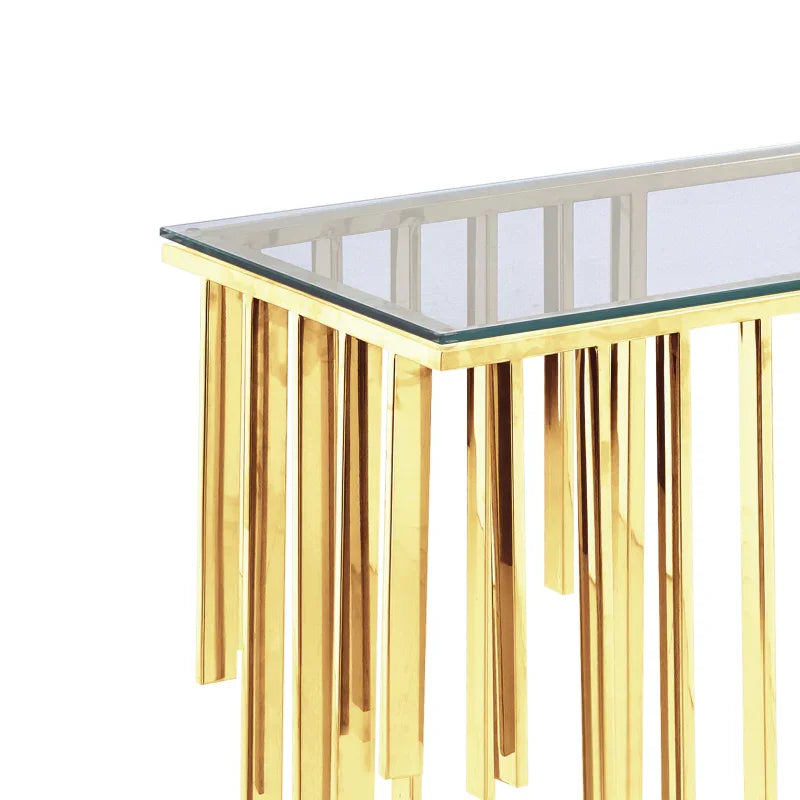 Owen Gold Metal Console Table with Clear Glass Top