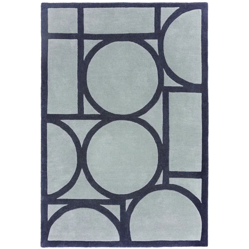 Modern area rug with geometric circles and rectangles in grey and black