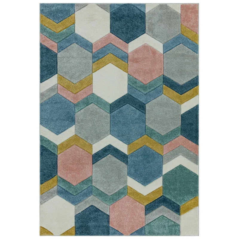 Multicolour geometric area rug with hexagon pattern and soft pastel shades