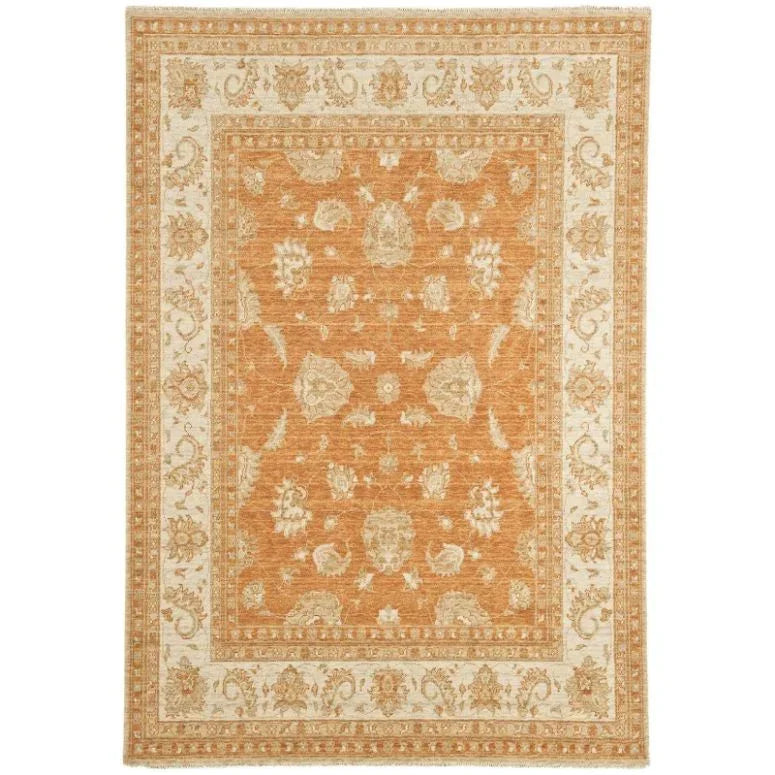 Rust orange area rug with cream floral border and traditional pattern