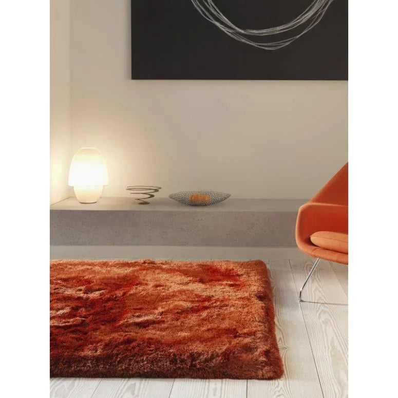 Rust shaggy rug on light wood floor with modern orange chair and lamp