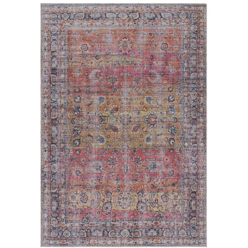 Multicoloured vintage style area rug with intricate floral pattern and faded border