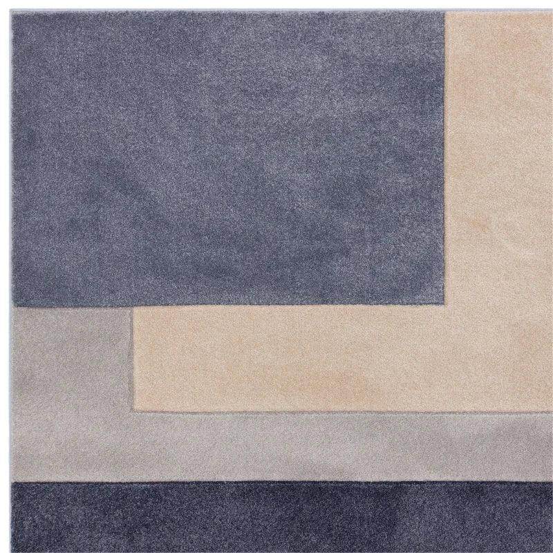 Modern area rug with grey, beige and blue geometric block design