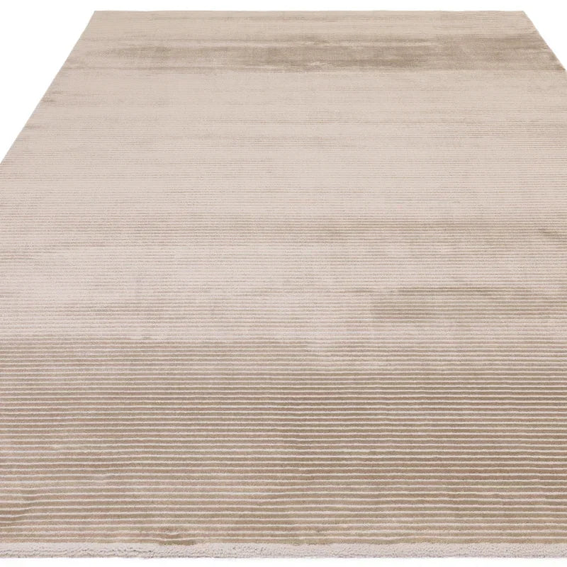 Beige striped area rug with textured horizontal lines and soft pile