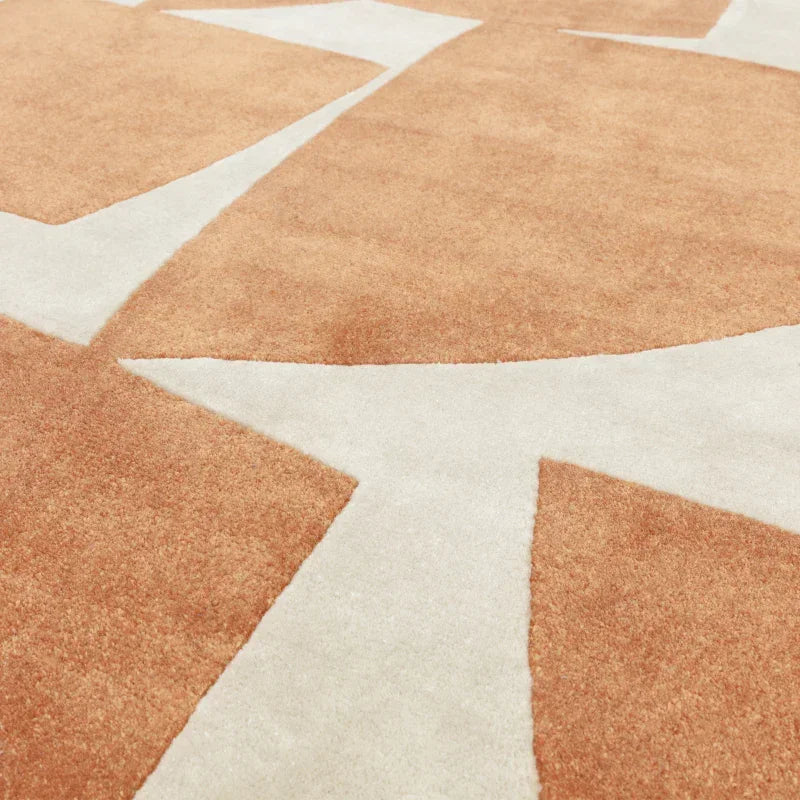 Modern area rug with beige geometric pattern on a terracotta background