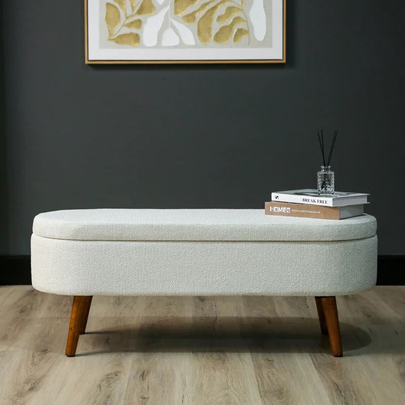 45.5cm White Boucle Storage Bench in Wooden Legs