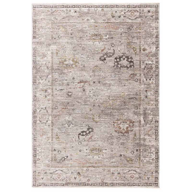 Beige patterned area rug with subtle vintage-inspired design and bordered edges