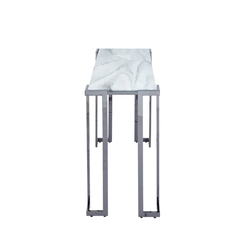 Aamari Grey Gunmetal Console Table with White Faux Marble Glass Top - KD