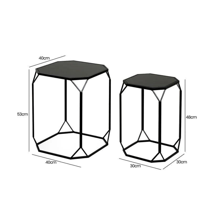 Set of 2 Black Metal Nesting Table with Black Mirror Top