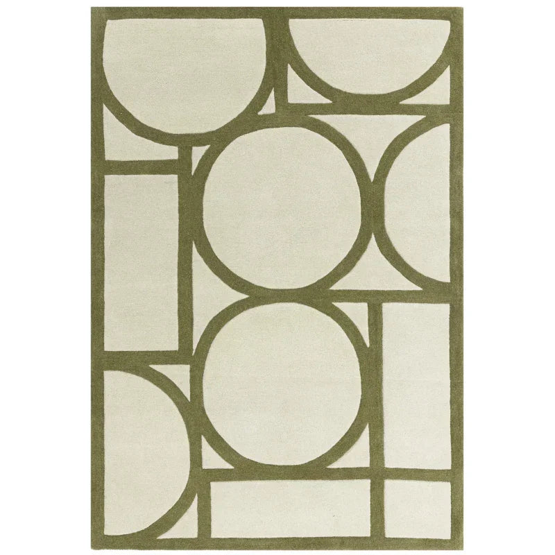 Geometric beige and green area rug with abstract circular and rectangular pattern