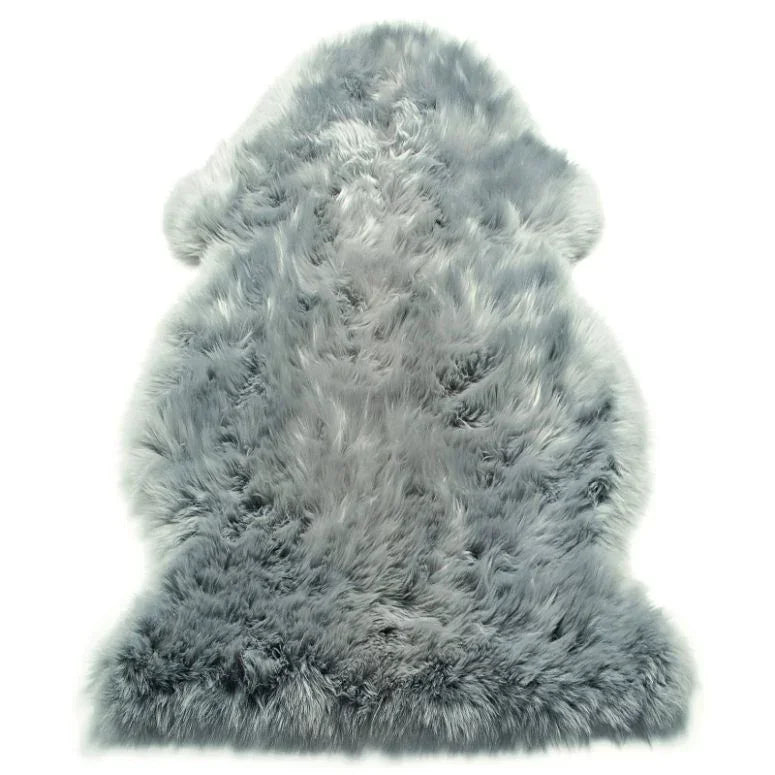 Grey faux fur rug with thick, soft texture shown from top view