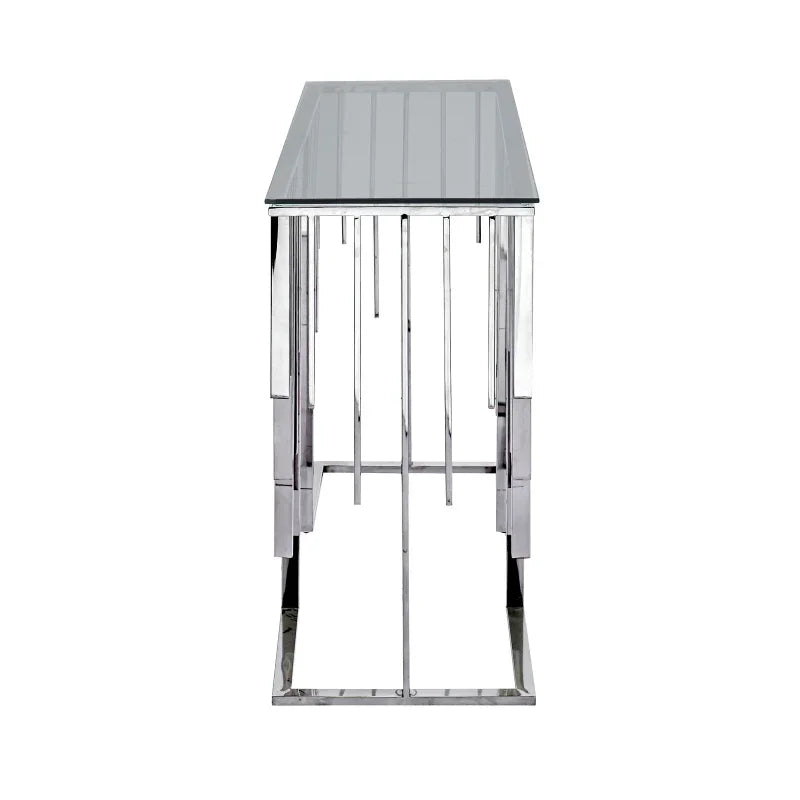Owen Chrome Metal Console Table with Smoke Glass Top