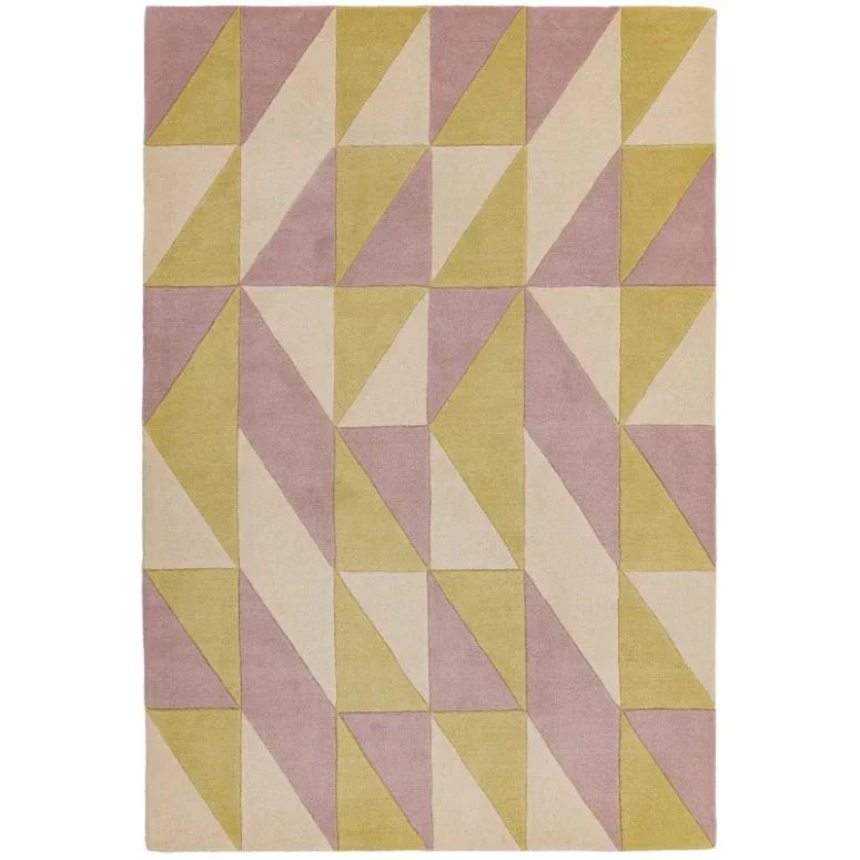 Geometric wool rug with pastel pink, yellow and cream triangles and squares pattern