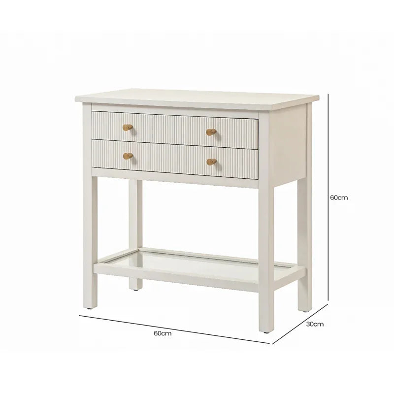 Lindon Frosty White 2 Drawer Bedside Cabinet with Clear Glass Shelf with Gold Handle